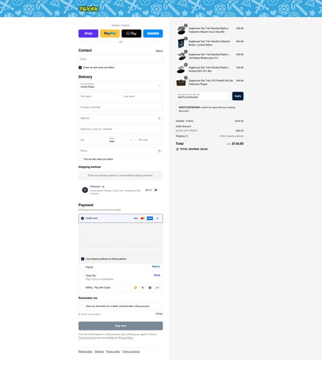 Toynk Toys checkout page showing Toynk Toys discount code box | Screenshot taken by SimplyCodes community member on Sep 16, 2025