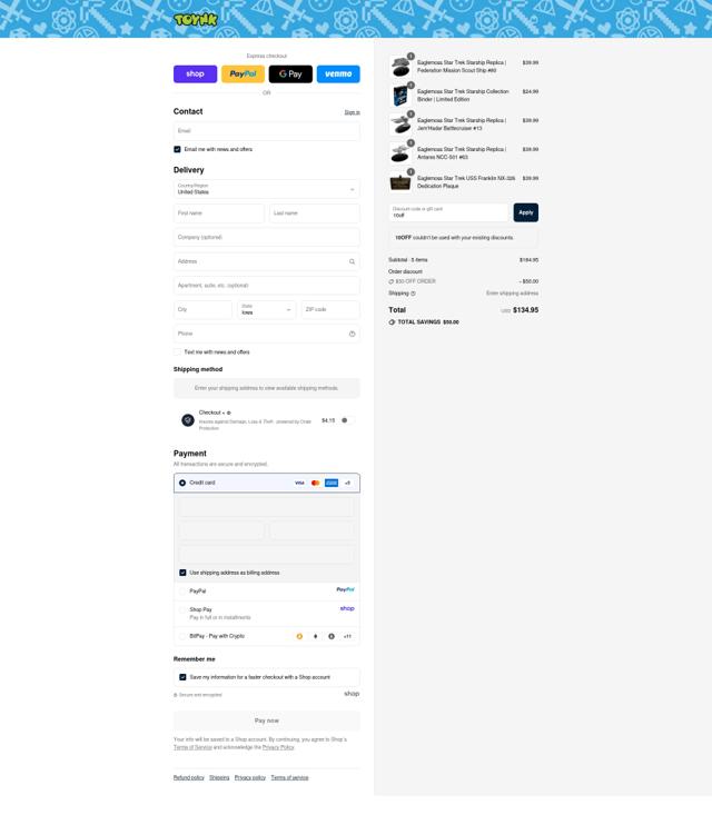 Toynk Toys checkout page showing Toynk Toys discount code box | Screenshot taken by SimplyCodes community member on Sep 16, 2025