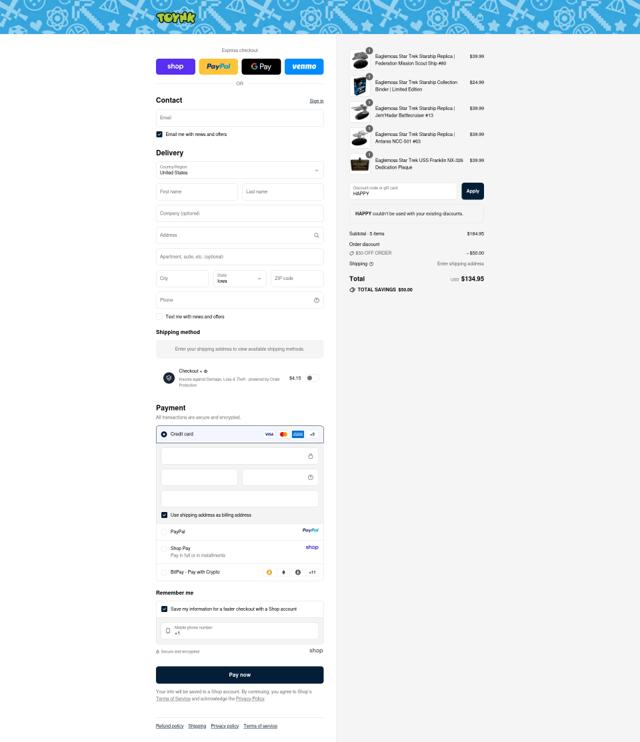 Toynk Toys checkout page showing Toynk Toys discount code box | Screenshot taken by SimplyCodes community member on Sep 16, 2025