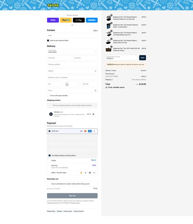 Toynk Toys checkout page showing Toynk Toys discount code box | Screenshot taken by SimplyCodes community member on Sep 16, 2025