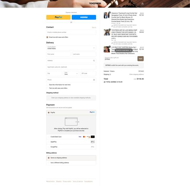 Toyotress checkout page showing Toyotress discount code box | Screenshot taken by SimplyCodes community member on Sep 12, 2025
