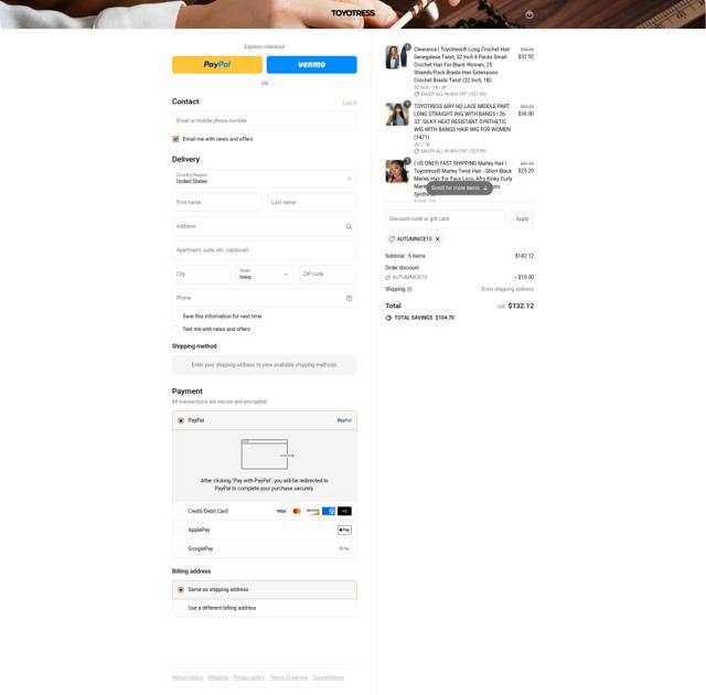 Toyotress checkout page showing Toyotress discount code box | Screenshot taken by SimplyCodes community member on Sep 8, 2025