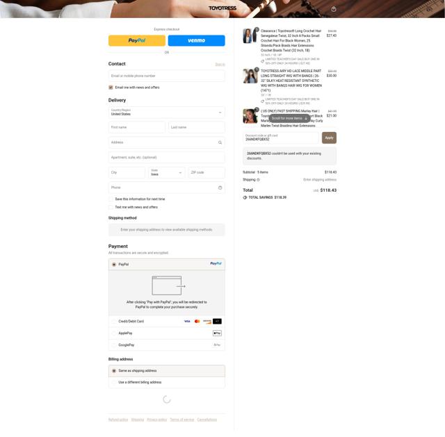 Toyotress checkout page showing Toyotress discount code box | Screenshot taken by SimplyCodes community member on Sep 12, 2025