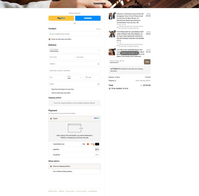Toyotress checkout page showing Toyotress discount code box | Screenshot taken by SimplyCodes community member on Sep 12, 2025