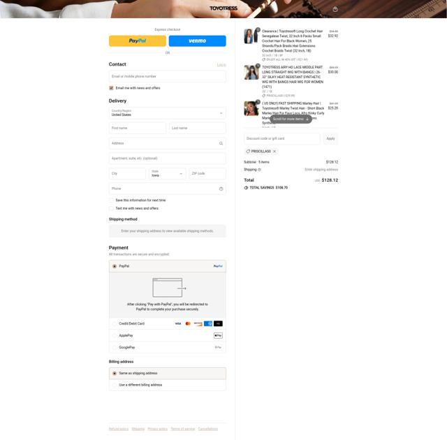 Toyotress checkout page showing Toyotress discount code box | Screenshot taken by SimplyCodes community member on Sep 8, 2025