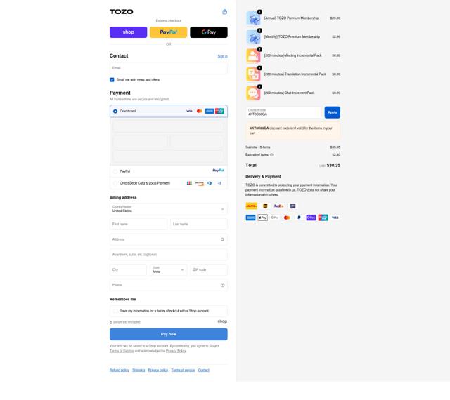 TOZO Store checkout page showing TOZO Store promo code box | Screenshot taken by SimplyCodes community member on Sep 19, 2025