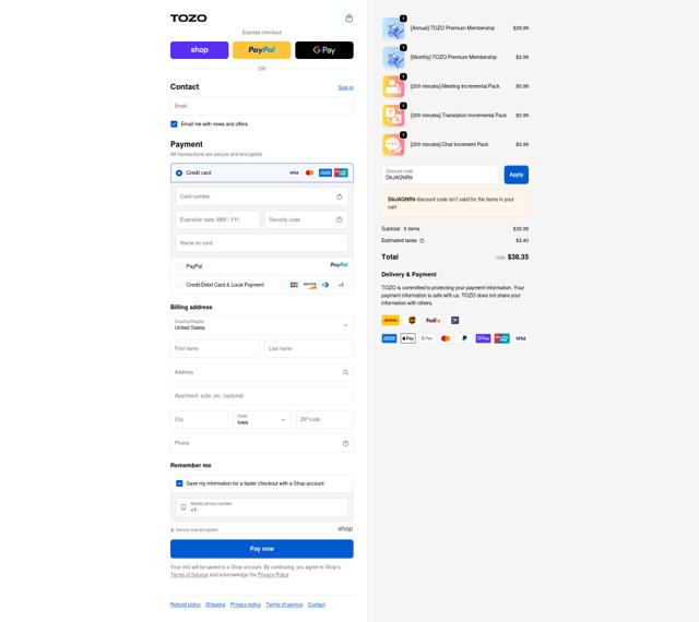 TOZO Store checkout page showing TOZO Store promo code box | Screenshot taken by SimplyCodes community member on Sep 19, 2025
