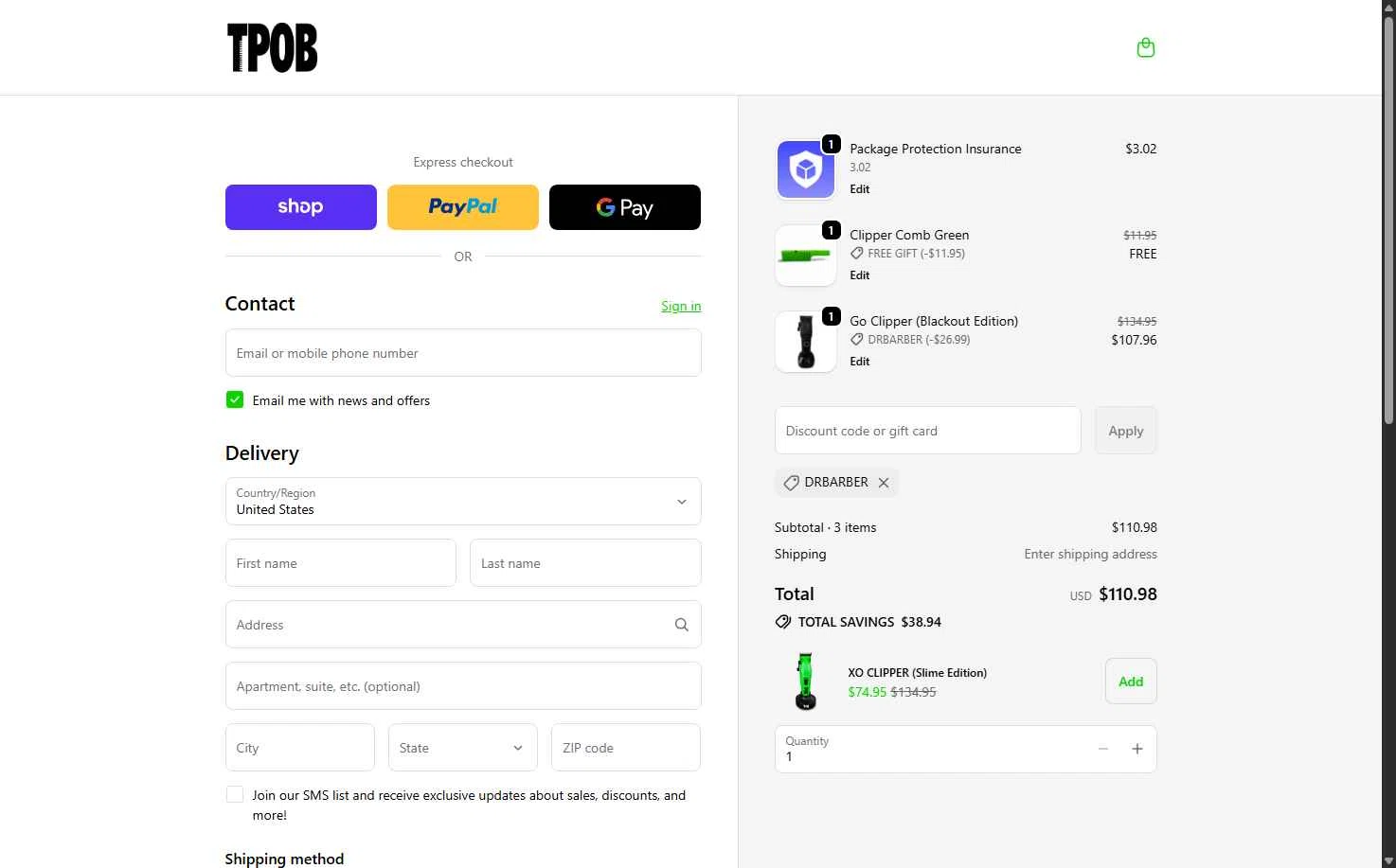TPOB USA checkout page showing TPOB USA promo code box | Screenshot taken by SimplyCodes community member on Feb 20, 2026