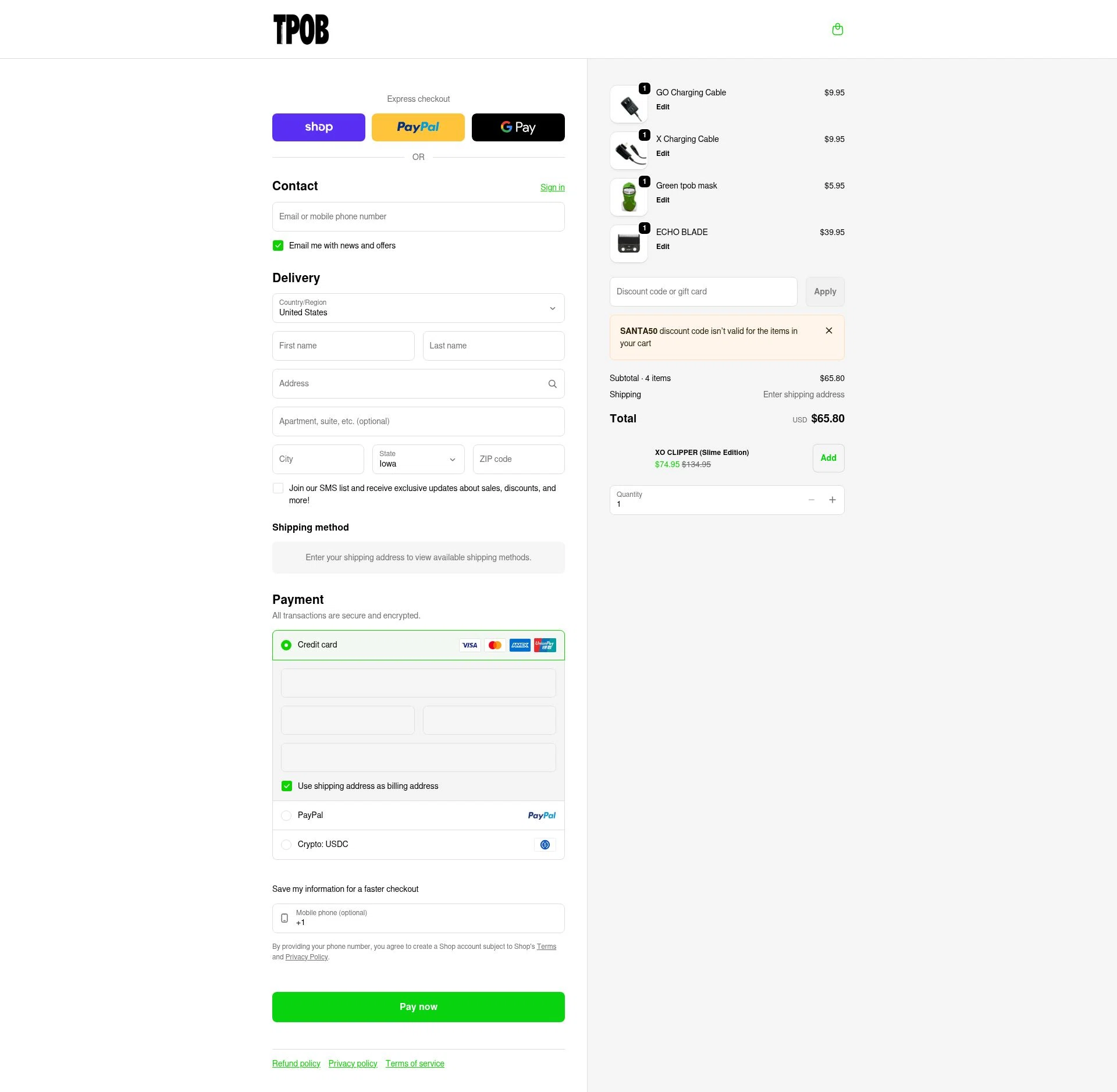 TPOB USA checkout page showing TPOB USA promo code box | Screenshot taken by SimplyCodes community member on Feb 20, 2026