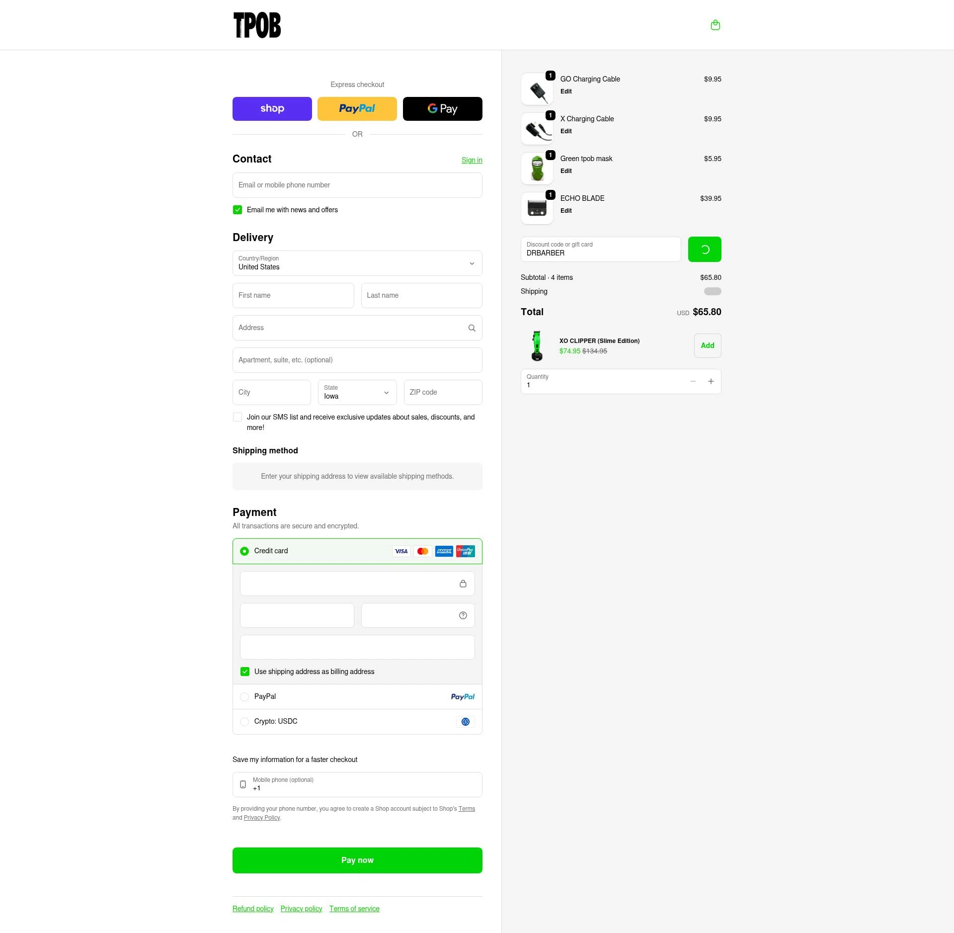 TPOB USA checkout page showing TPOB USA promo code box | Screenshot taken by SimplyCodes community member on Feb 21, 2026