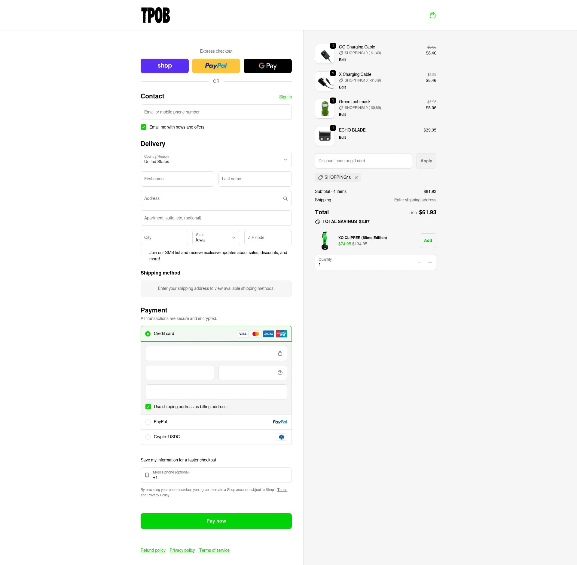 TPOB USA checkout page showing TPOB USA promo code box | Screenshot taken by SimplyCodes community member on Feb 20, 2026