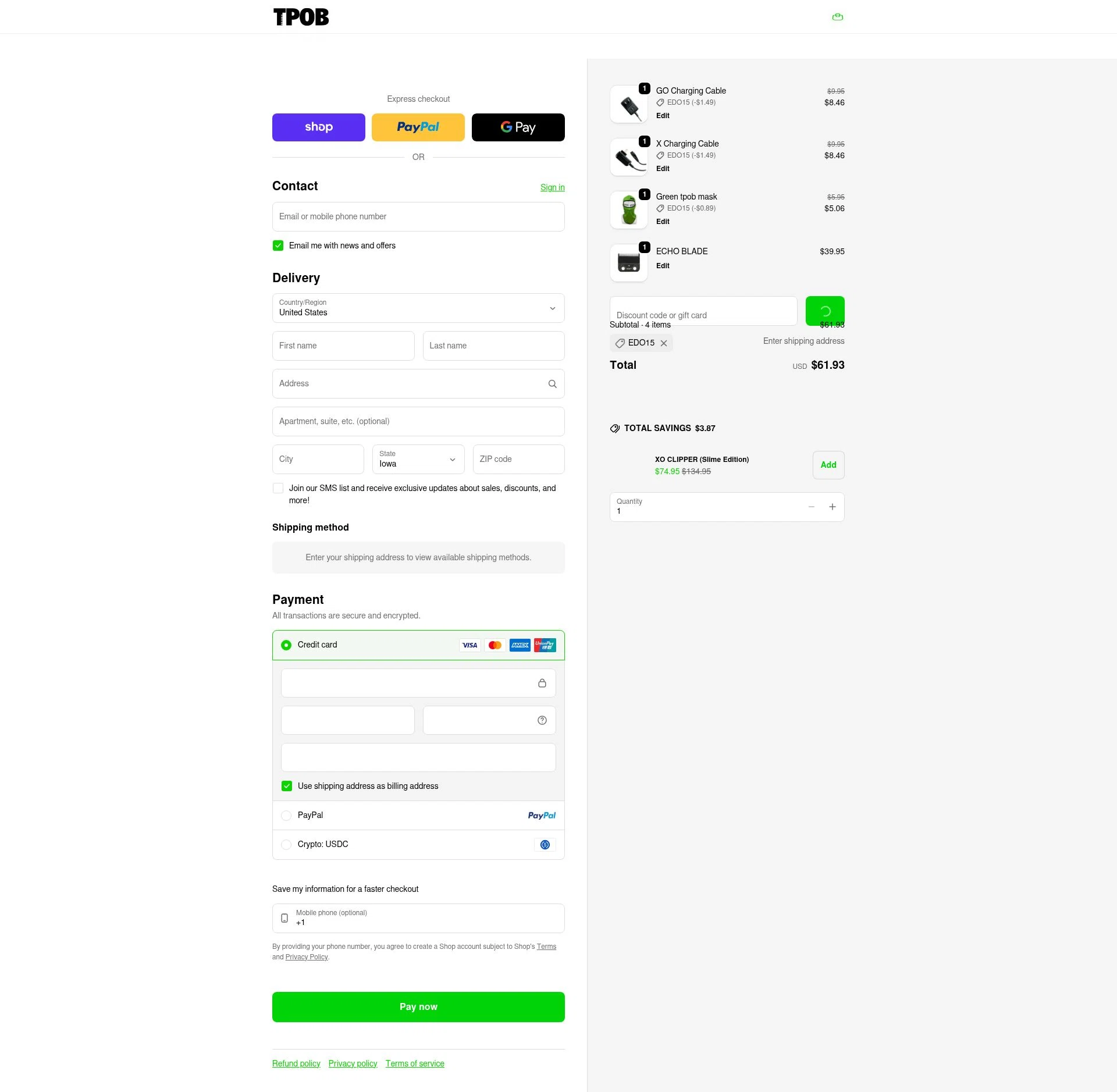 TPOB USA checkout page showing TPOB USA promo code box | Screenshot taken by SimplyCodes community member on Feb 20, 2026