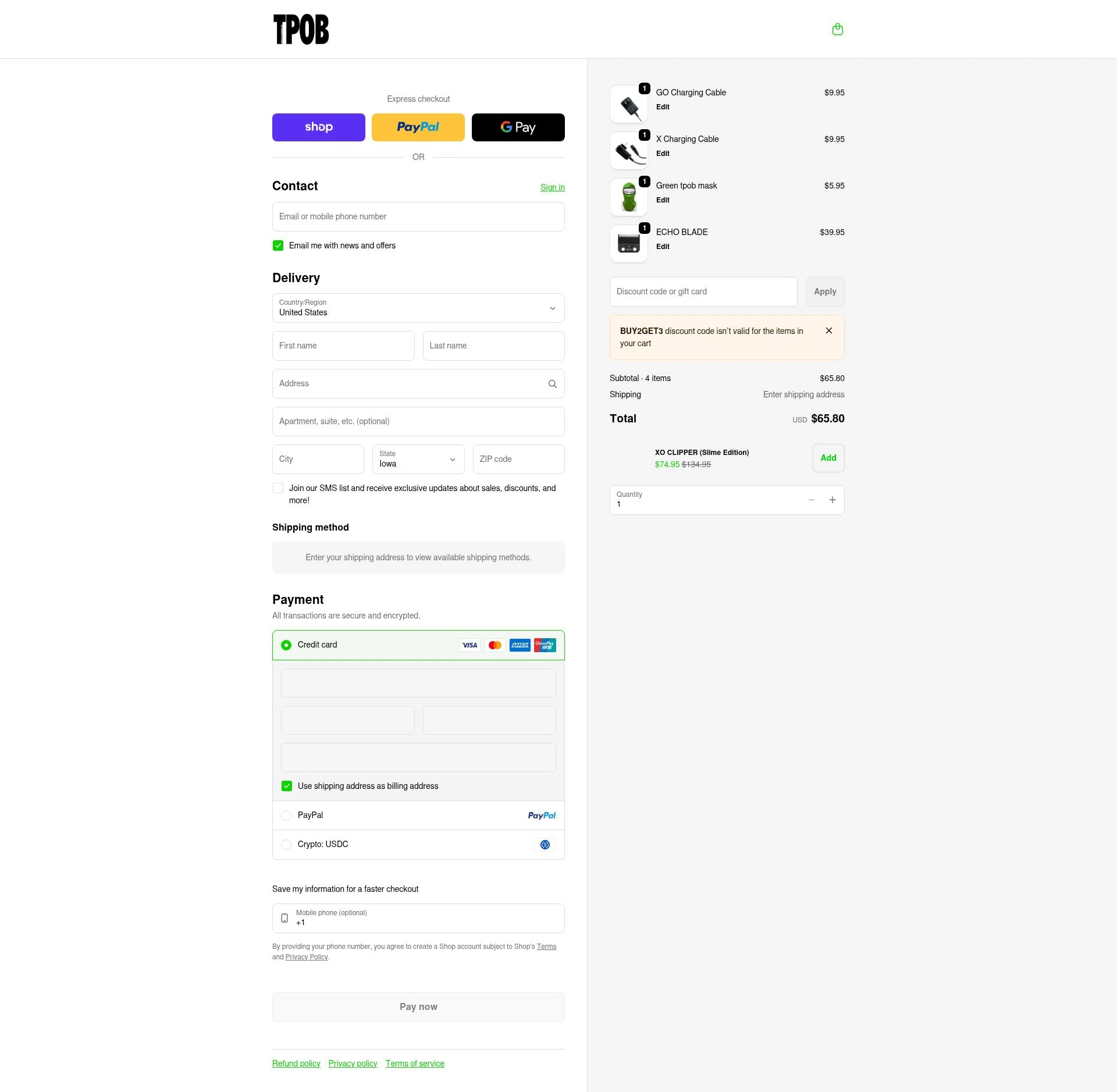 TPOB USA checkout page showing TPOB USA promo code box | Screenshot taken by SimplyCodes community member on Feb 20, 2026