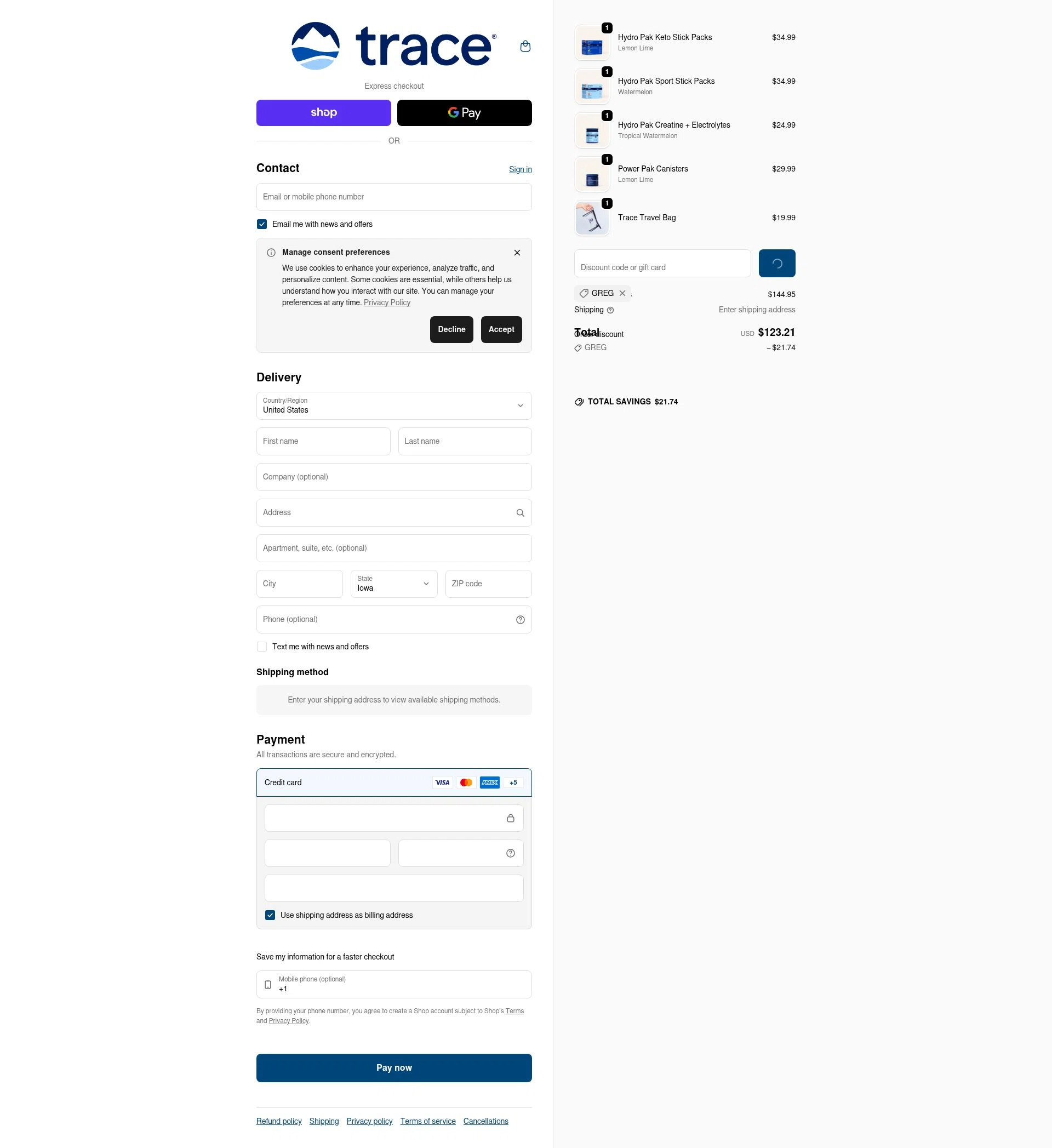 Trace Minerals checkout page showing Trace Minerals discount code box | Screenshot taken by SimplyCodes community member on Feb 5, 2026