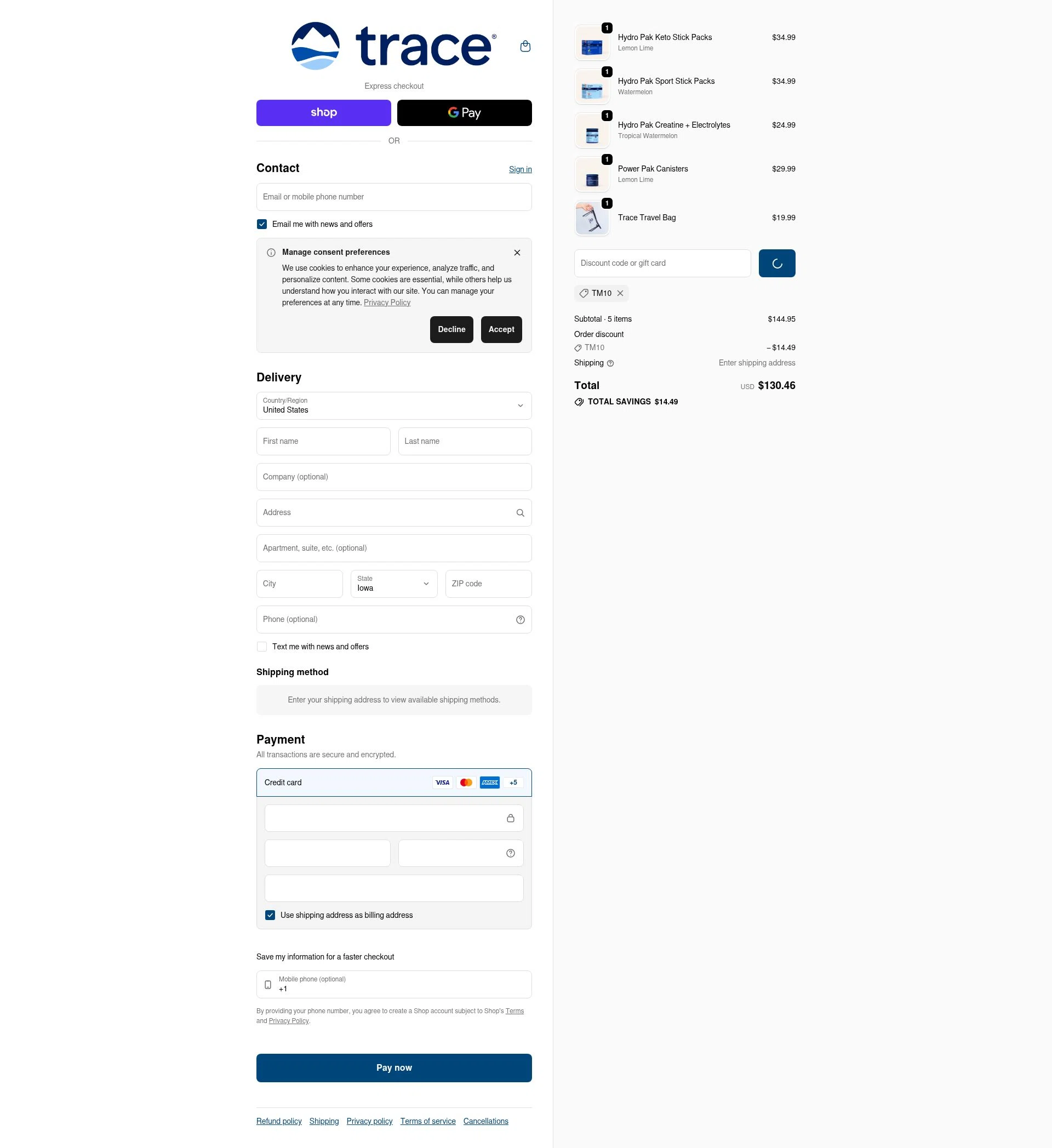 Trace Minerals checkout page showing Trace Minerals discount code box | Screenshot taken by SimplyCodes community member on Feb 5, 2026