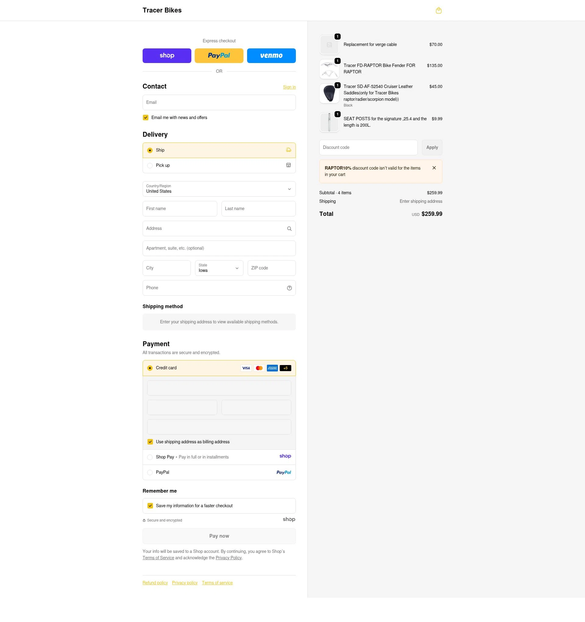 Tracer Bikes checkout page showing Tracer Bikes promo code box | Screenshot taken by SimplyCodes community member on Dec 27, 2025