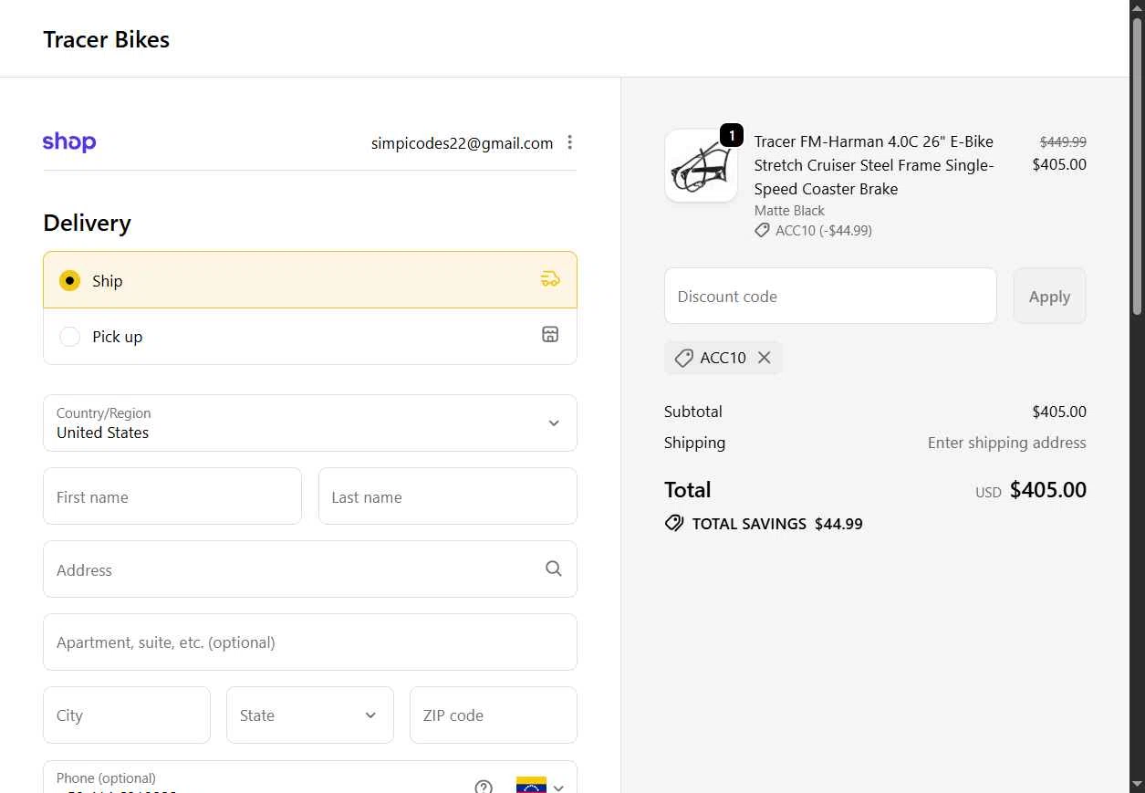 Tracer Bikes checkout page showing Tracer Bikes promo code box | Screenshot taken by SimplyCodes community member on Dec 27, 2025