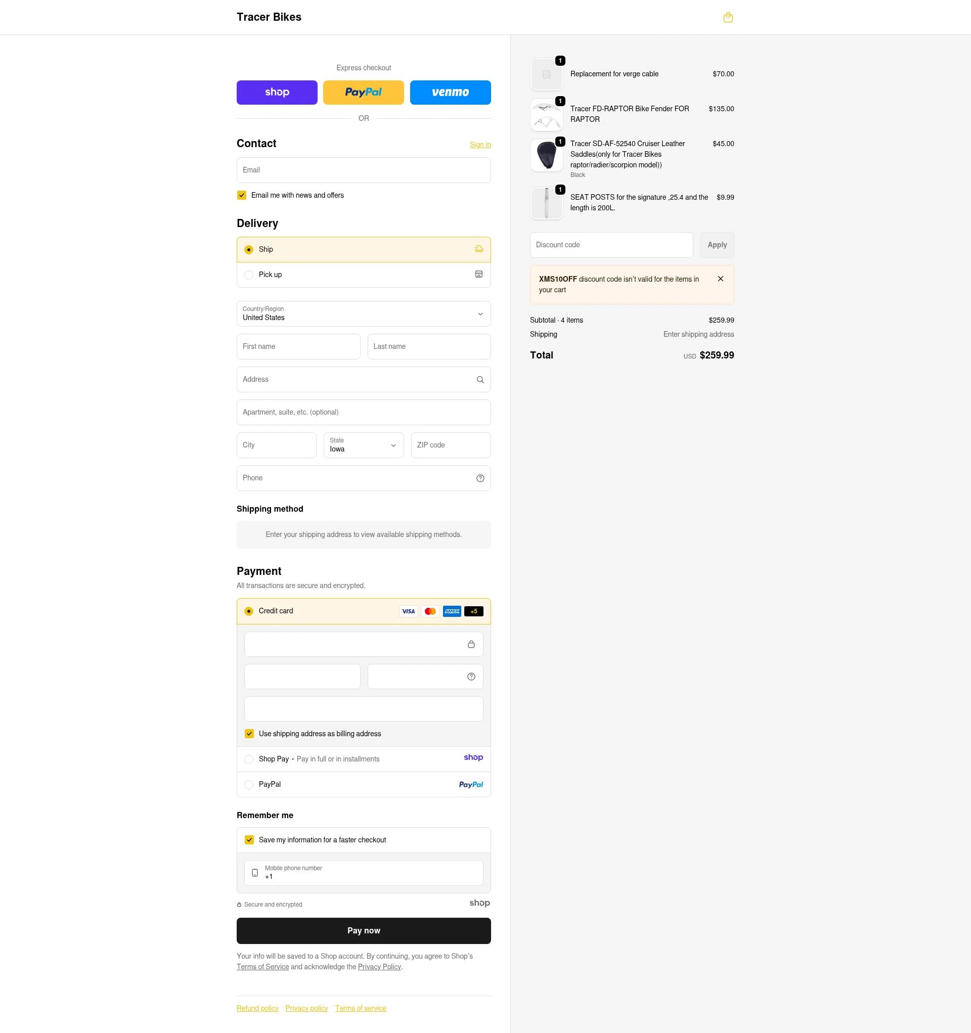 Tracer Bikes checkout page showing Tracer Bikes promo code box | Screenshot taken by SimplyCodes community member on Dec 23, 2025
