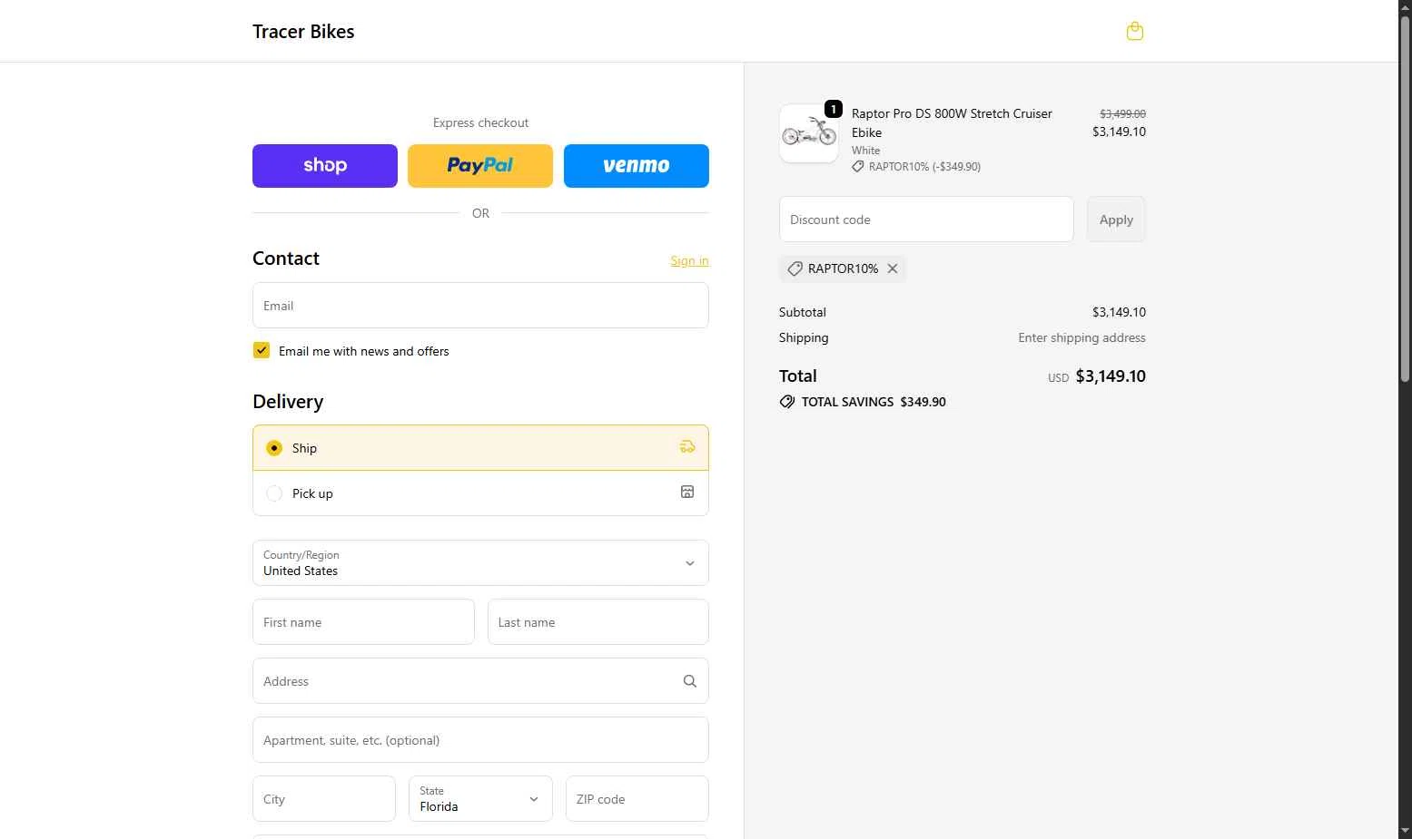 Tracer Bikes checkout page showing Tracer Bikes promo code box | Screenshot taken by SimplyCodes community member on Dec 22, 2025