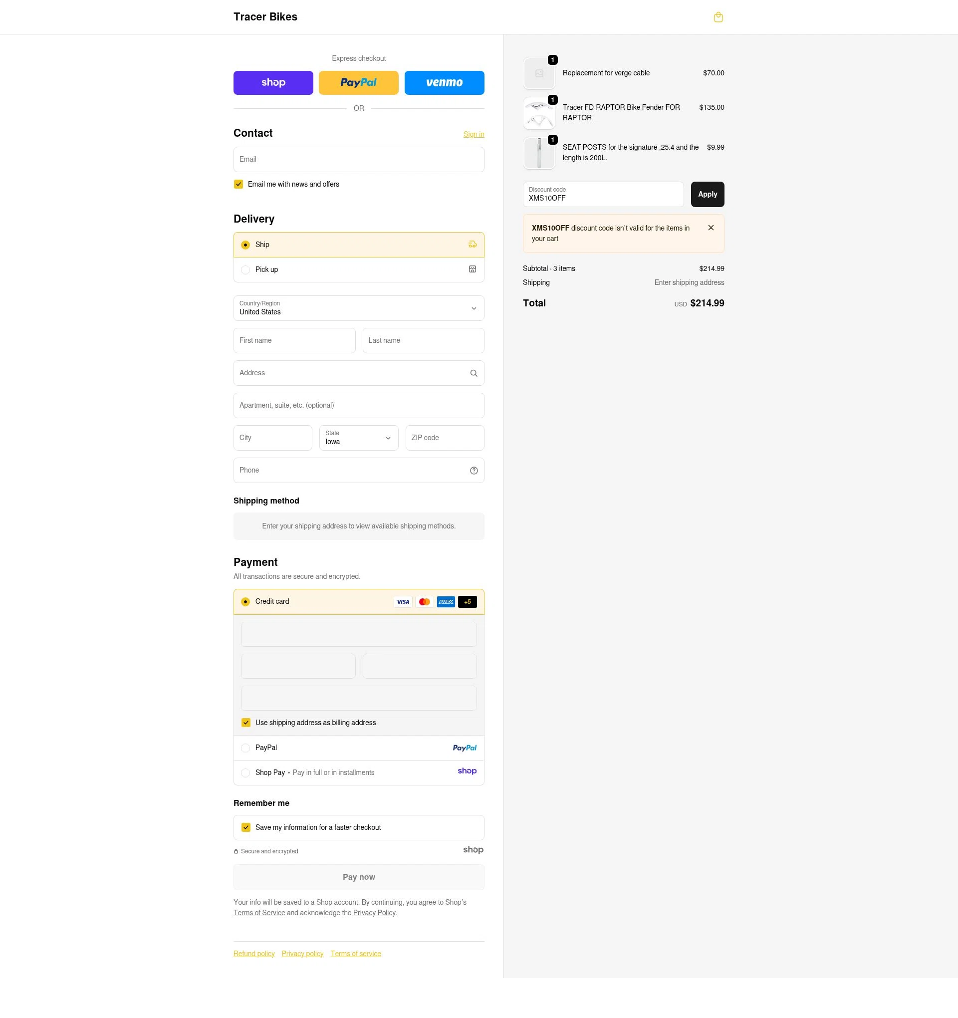 Tracer Bikes checkout page showing Tracer Bikes promo code box | Screenshot taken by SimplyCodes community member on Dec 16, 2025