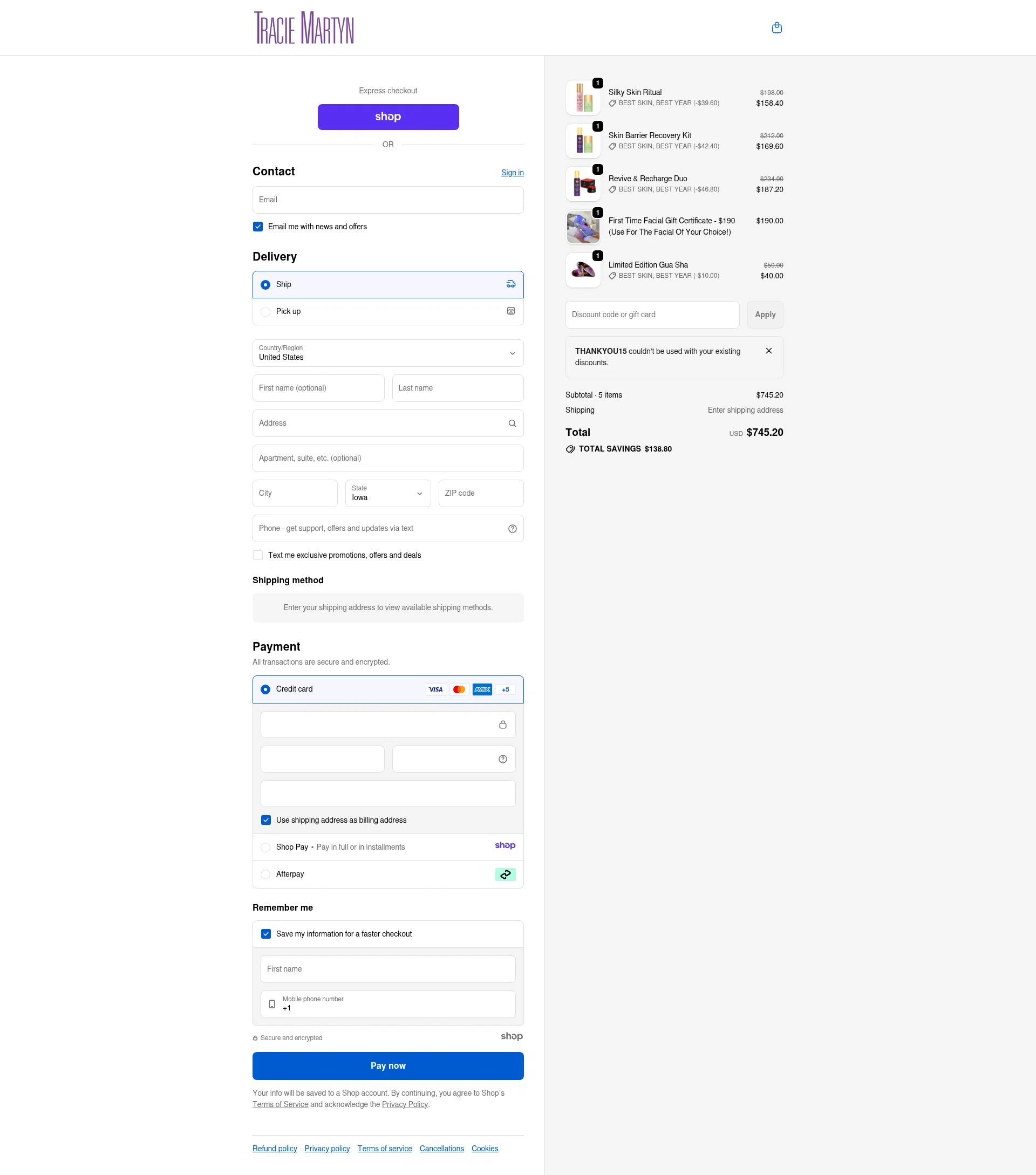 Tracie Martyn checkout page showing Tracie Martyn coupon code box | Screenshot taken by SimplyCodes community member on Dec 28, 2025