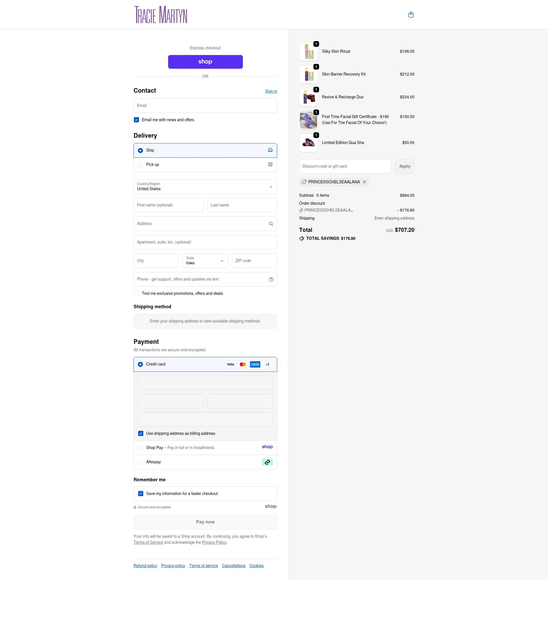 Tracie Martyn checkout page showing Tracie Martyn coupon code box | Screenshot taken by SimplyCodes community member on Dec 28, 2025