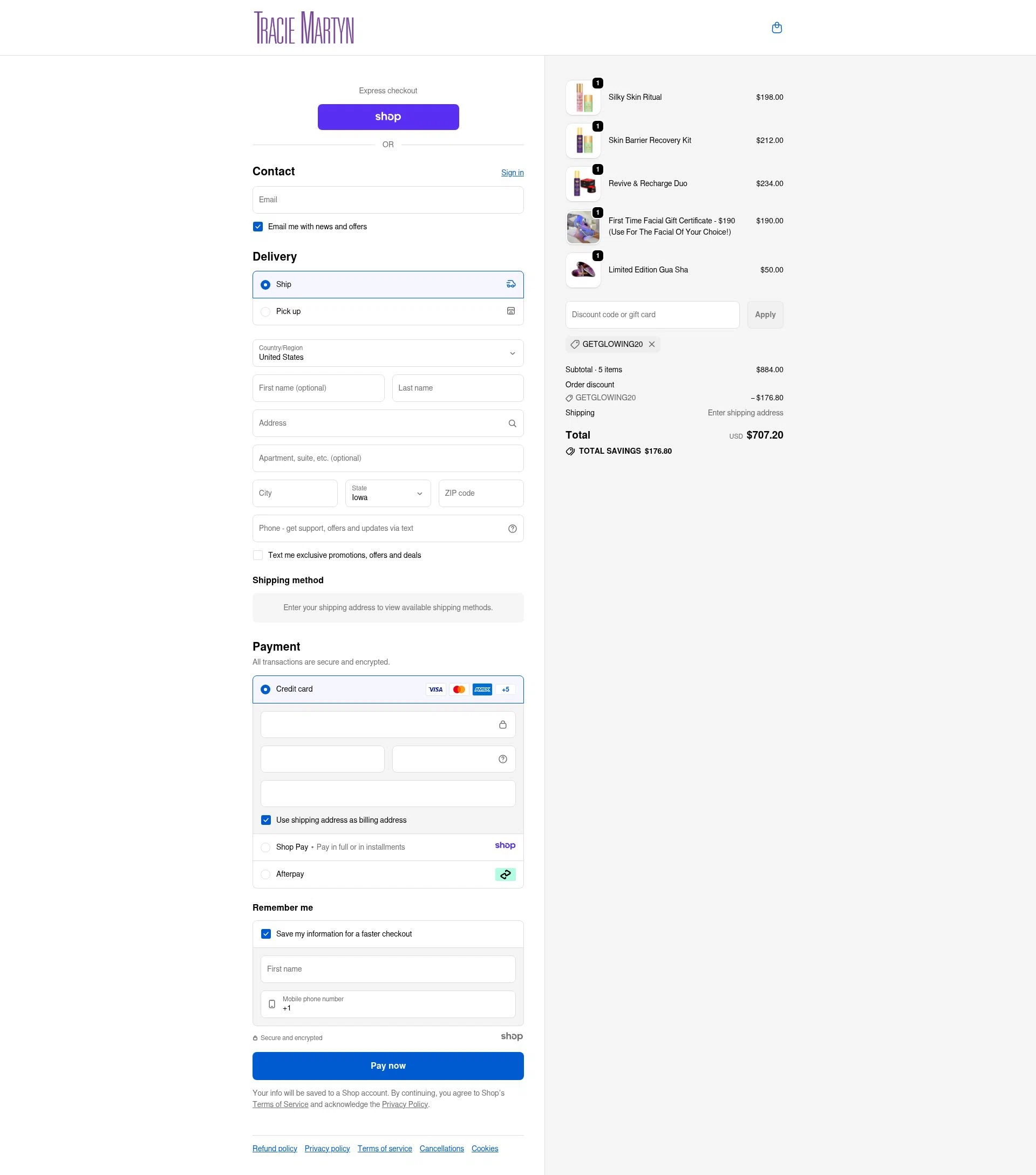 Tracie Martyn checkout page showing Tracie Martyn coupon code box | Screenshot taken by SimplyCodes community member on Dec 28, 2025