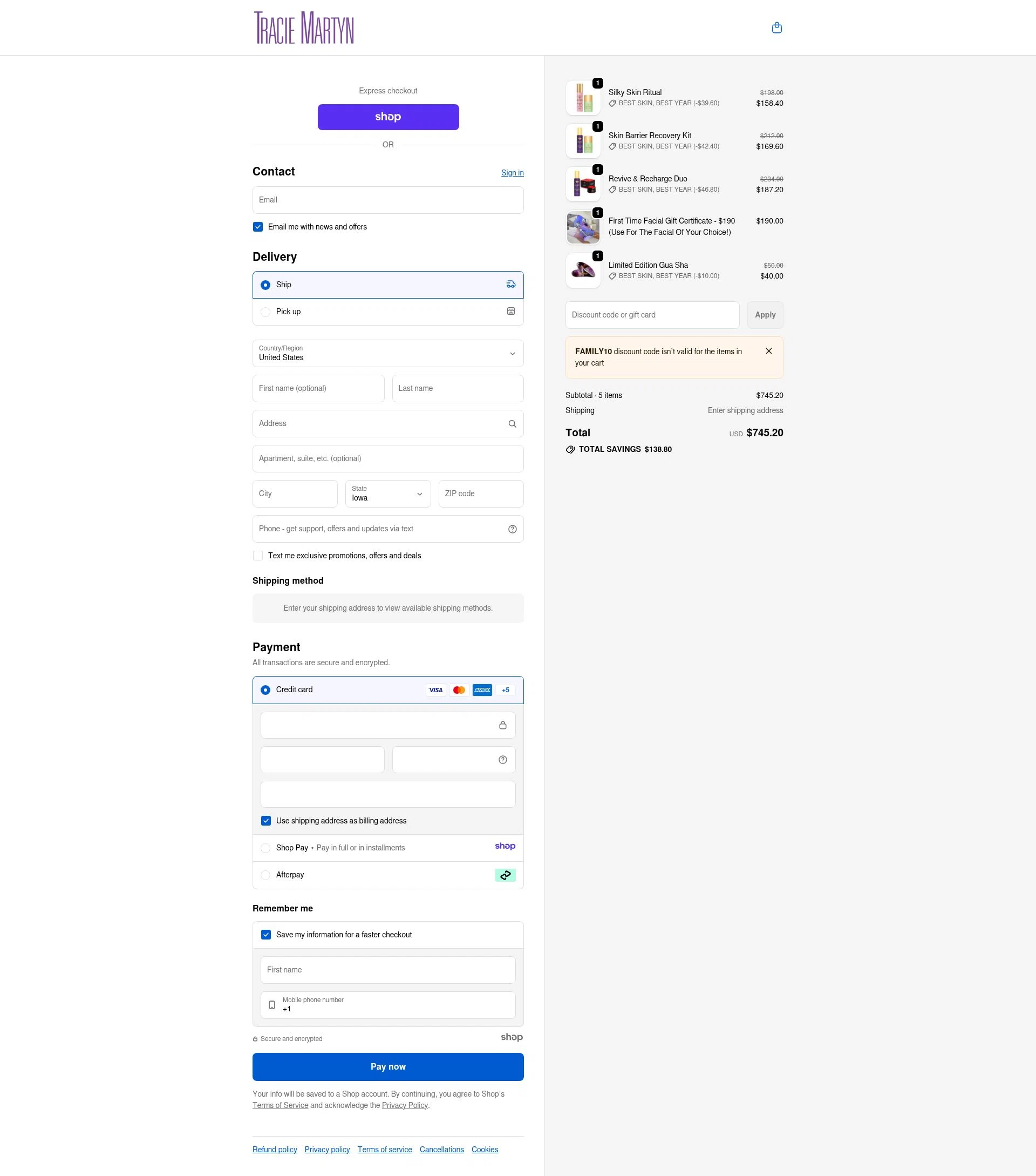 Tracie Martyn checkout page showing Tracie Martyn coupon code box | Screenshot taken by SimplyCodes community member on Dec 28, 2025