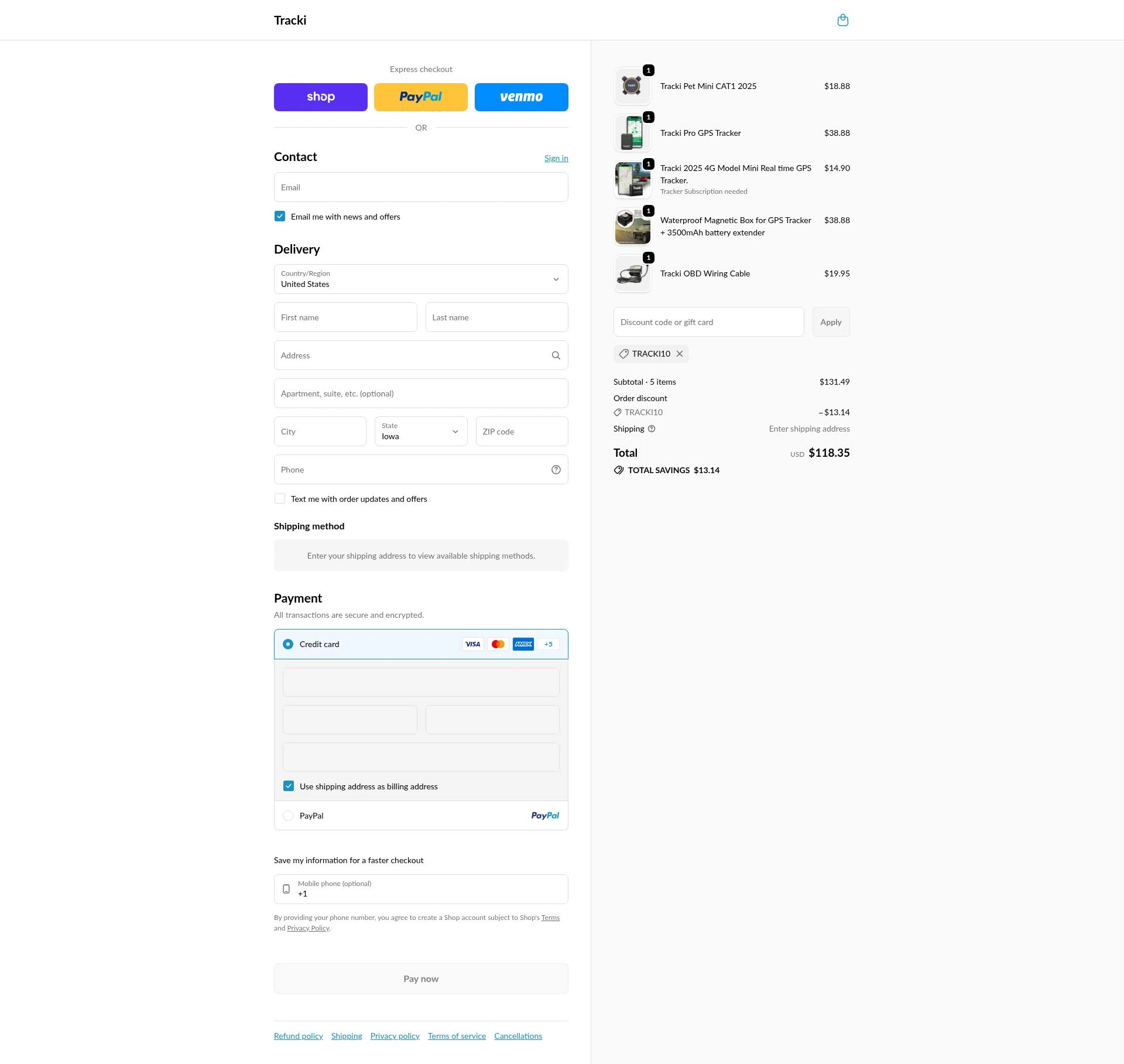 Tracki checkout page showing Tracki promo code box | Screenshot taken by SimplyCodes community member on Feb 10, 2026