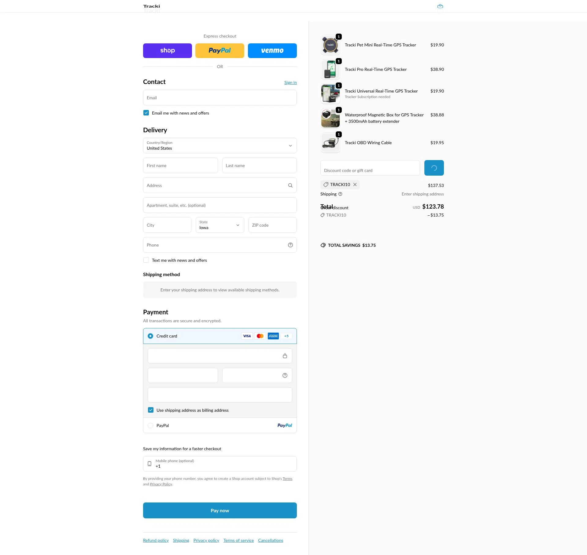Tracki checkout page showing Tracki promo code box | Screenshot taken by SimplyCodes community member on Feb 14, 2026