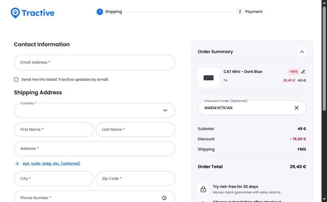 Tractive checkout page showing Tractive discount code box | Screenshot taken by SimplyCodes community member on Aug 22, 2025