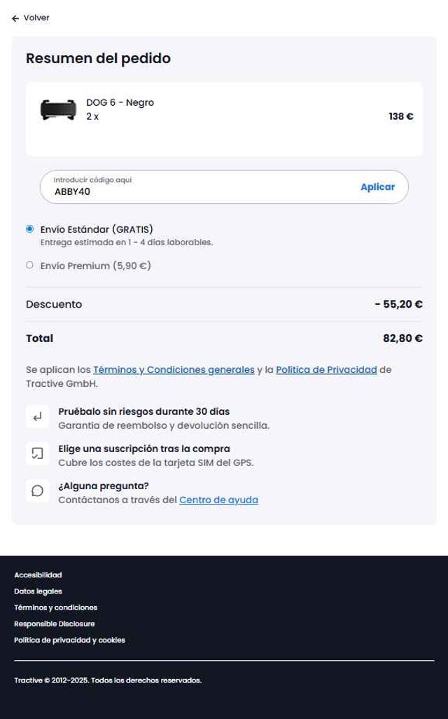 Tractive checkout page showing Tractive discount code box | Screenshot taken by SimplyCodes community member on Jul 15, 2025