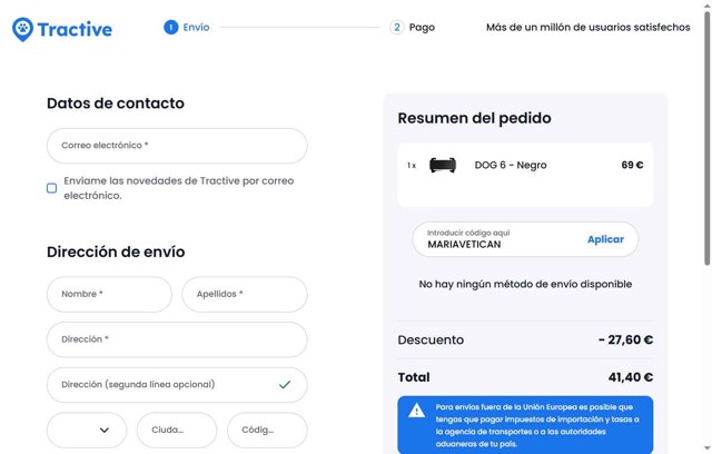 Tractive checkout page showing Tractive discount code box | Screenshot taken by SimplyCodes community member on Jul 9, 2025