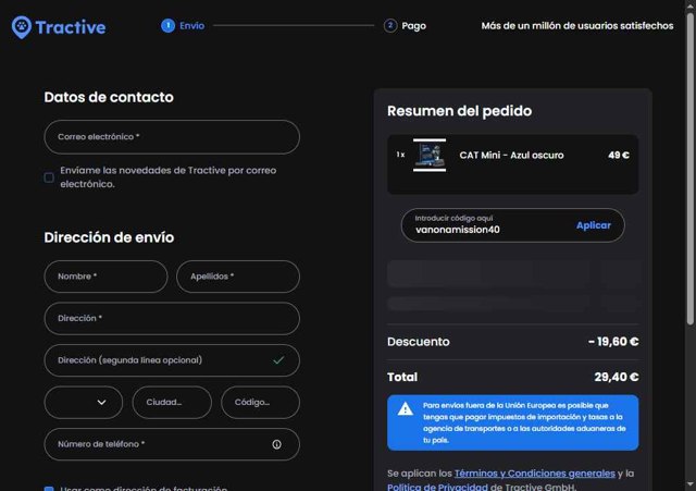 Tractive checkout page showing Tractive discount code box | Screenshot taken by SimplyCodes community member on Jul 31, 2025