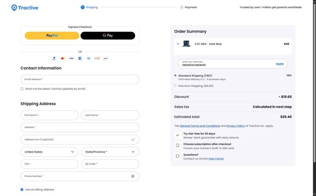 Tractive checkout page showing Tractive discount code box | Screenshot taken by SimplyCodes community member on Jul 15, 2025