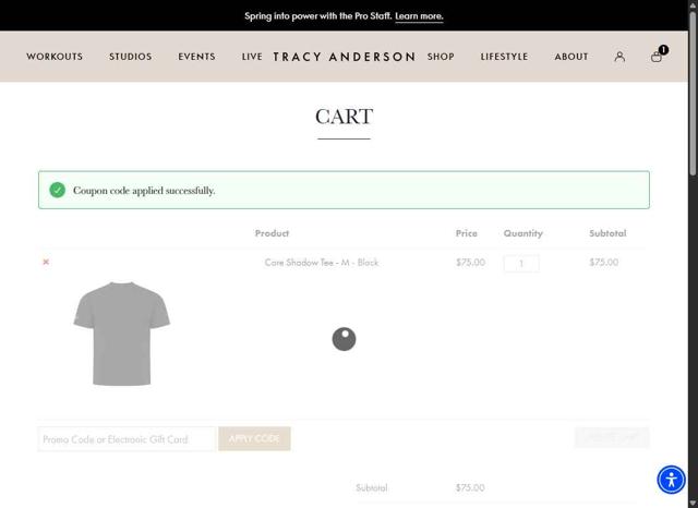 Tracy Anderson checkout page showing Tracy Anderson promo code box | Screenshot taken by SimplyCodes community member on Jul 29, 2025