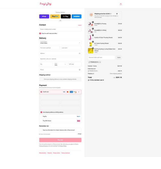 Tracys Dog checkout page showing Tracys Dog discount code box | Screenshot taken by SimplyCodes community member on Sep 2, 2025