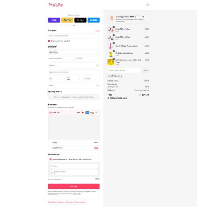 Tracys Dog checkout page showing Tracys Dog discount code box | Screenshot taken by SimplyCodes community member on Sep 2, 2025