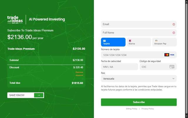 Trade Ideas checkout page showing Trade Ideas coupon code box | Screenshot taken by SimplyCodes community member on Sep 2, 2025