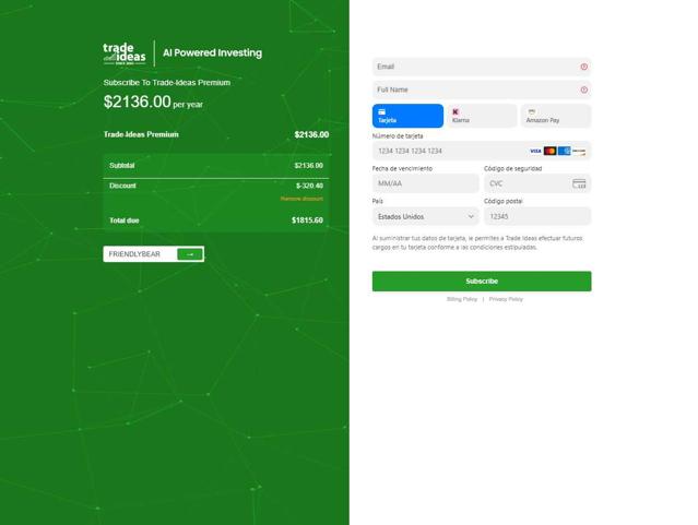 Trade Ideas checkout page showing Trade Ideas coupon code box | Screenshot taken by SimplyCodes community member on Sep 2, 2025