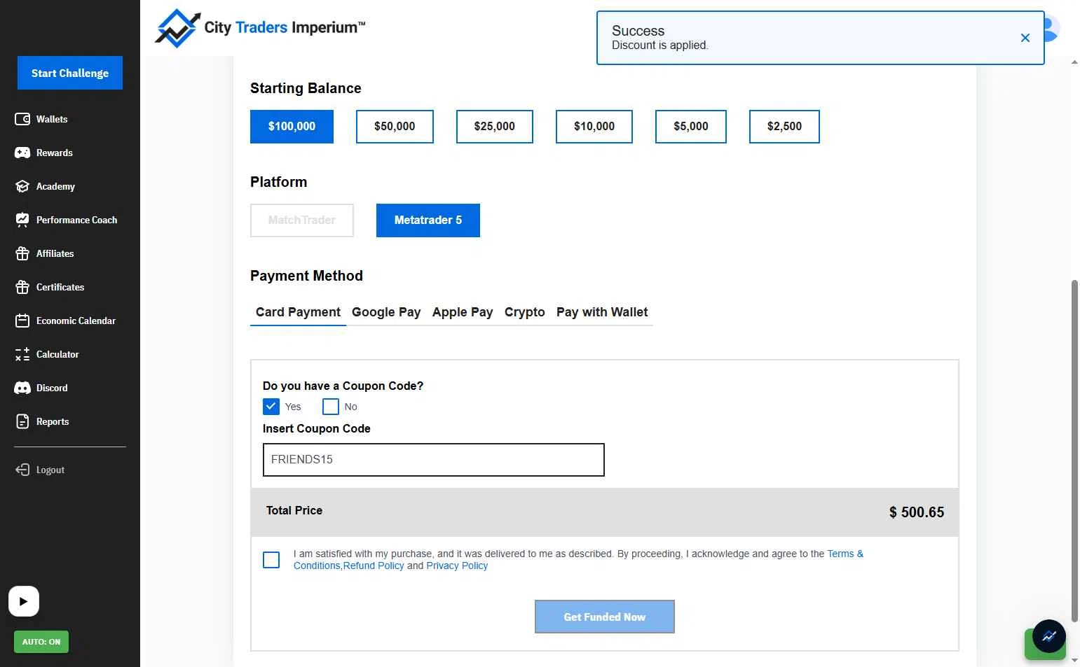 City Traders Imperium checkout page showing City Traders Imperium discount code box | Screenshot taken by SimplyCodes community member on Jan 16, 2026