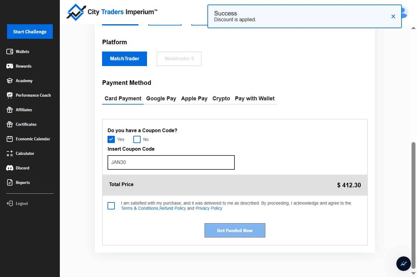 City Traders Imperium checkout page showing City Traders Imperium discount code box | Screenshot taken by SimplyCodes community member on Jan 7, 2026