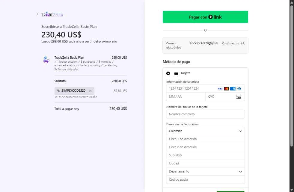 TradeZella checkout page showing TradeZella promo code box | Screenshot taken by SimplyCodes community member on Dec 22, 2025