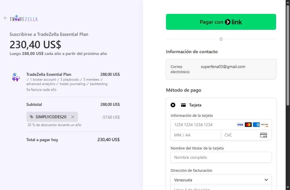 TradeZella checkout page showing TradeZella promo code box | Screenshot taken by SimplyCodes community member on Jan 29, 2026