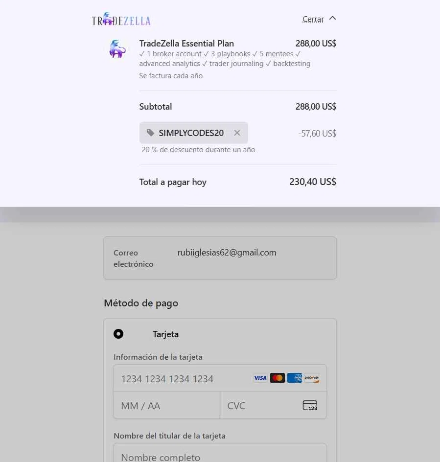 TradeZella checkout page showing TradeZella promo code box | Screenshot taken by SimplyCodes community member on Jan 18, 2026