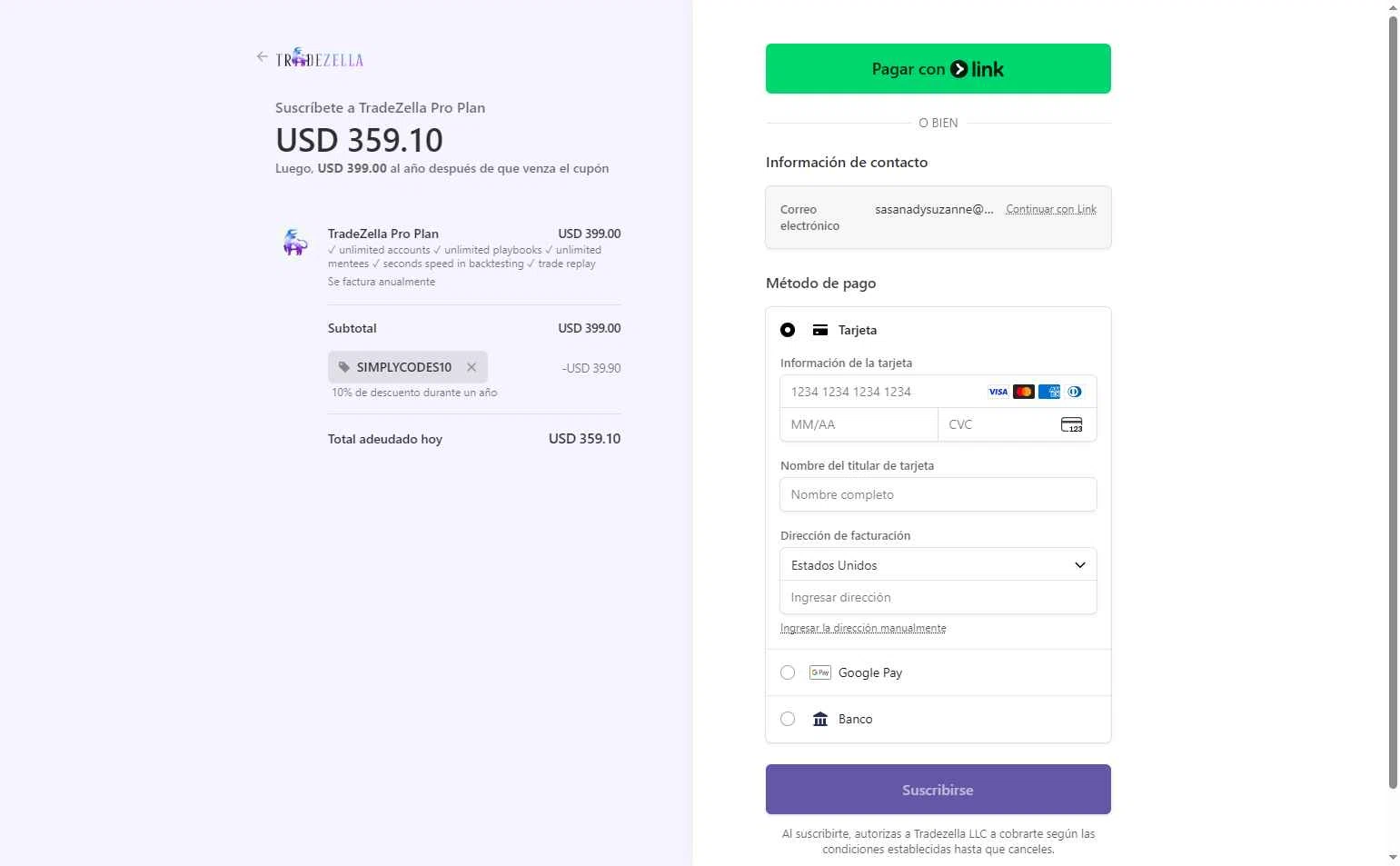 TradeZella checkout page showing TradeZella promo code box | Screenshot taken by SimplyCodes community member on Jan 14, 2026