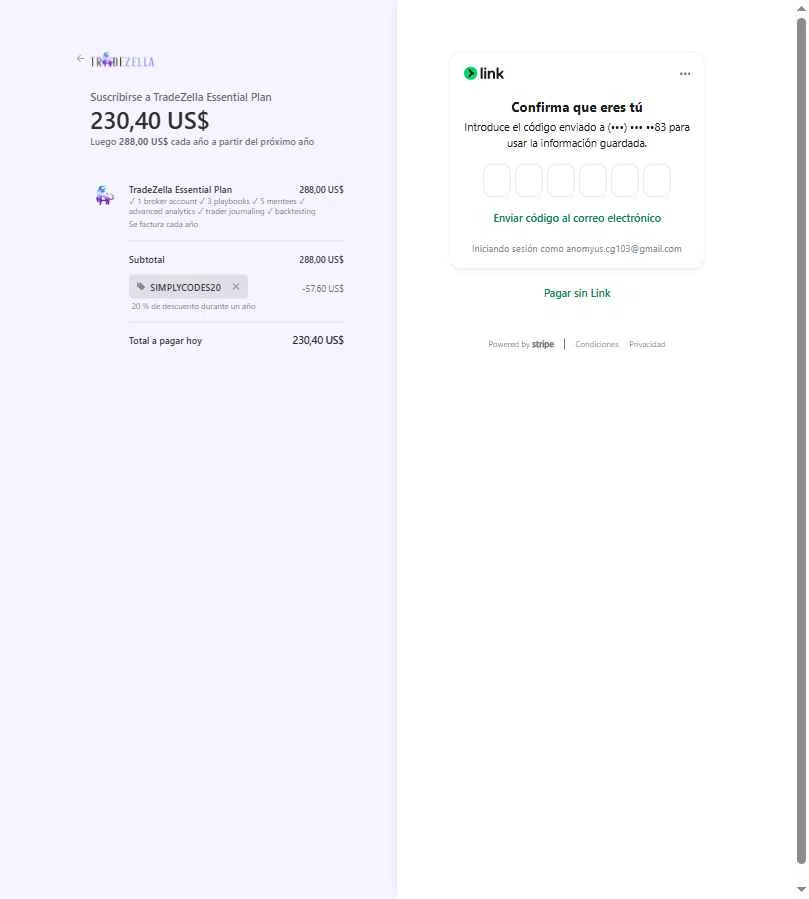 TradeZella checkout page showing TradeZella promo code box | Screenshot taken by SimplyCodes community member on Feb 7, 2026