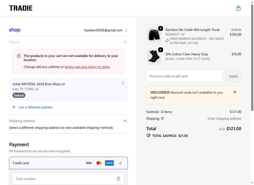 Tradie checkout page showing Tradie discount code box | Screenshot taken by SimplyCodes community member on Jan 13, 2026
