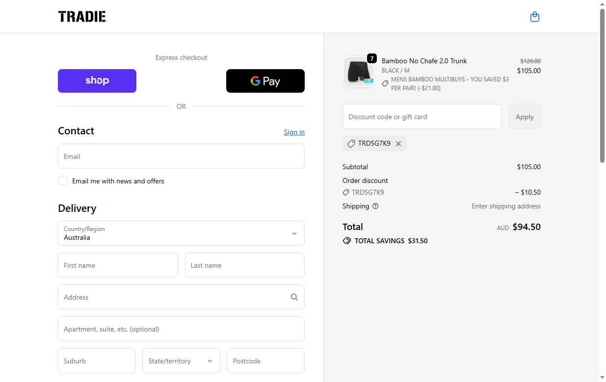 Tradie checkout page showing Tradie discount code box | Screenshot taken by SimplyCodes community member on Feb 12, 2026
