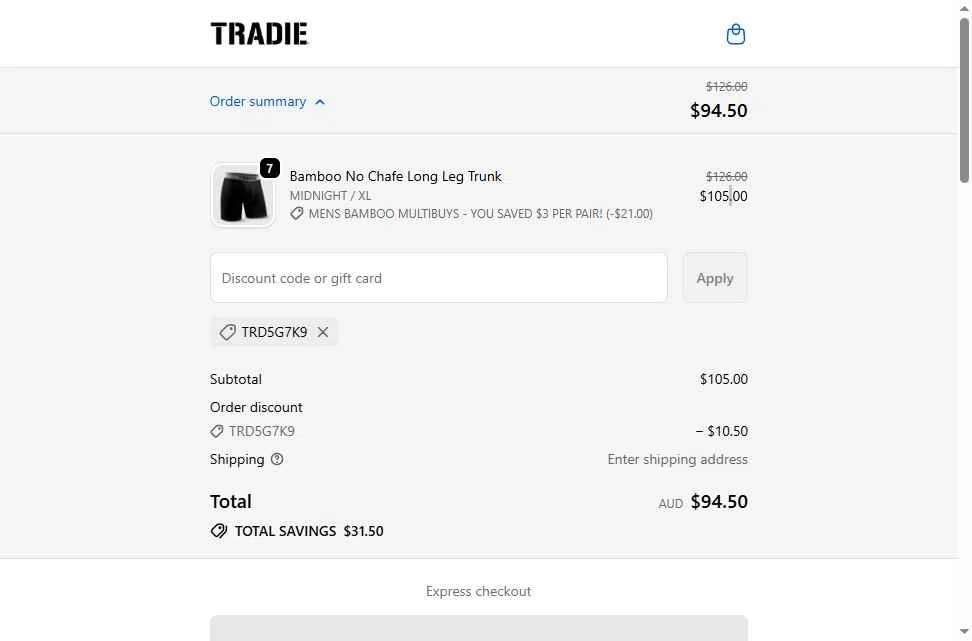 Tradie checkout page showing Tradie discount code box | Screenshot taken by SimplyCodes community member on Feb 15, 2026